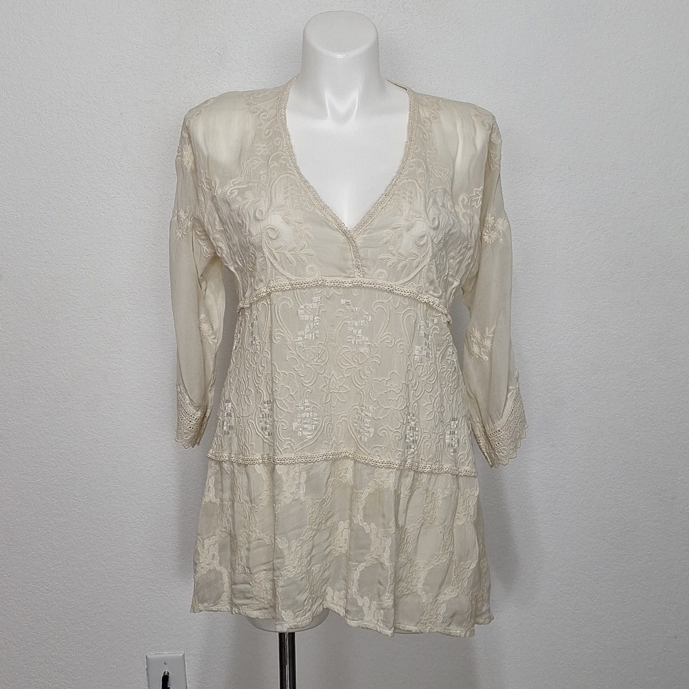 Johnny Was Cream Bohemian Cottagecore 3/4 Sleeve Embroidered Tunic Top Size L